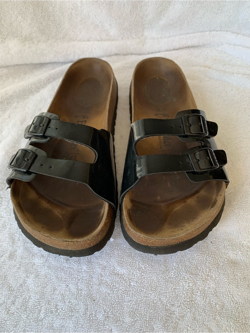 Betula by Birkenstock Ibiza Black Patent Double Strap Slide Sandals, Size 41